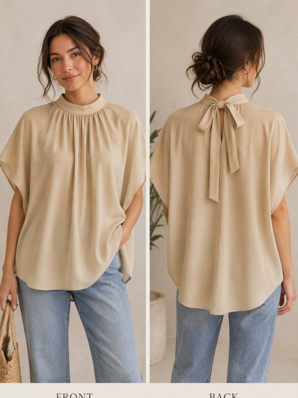 Relaxed Cream Short-Sleeve Women's Top Large Oversized